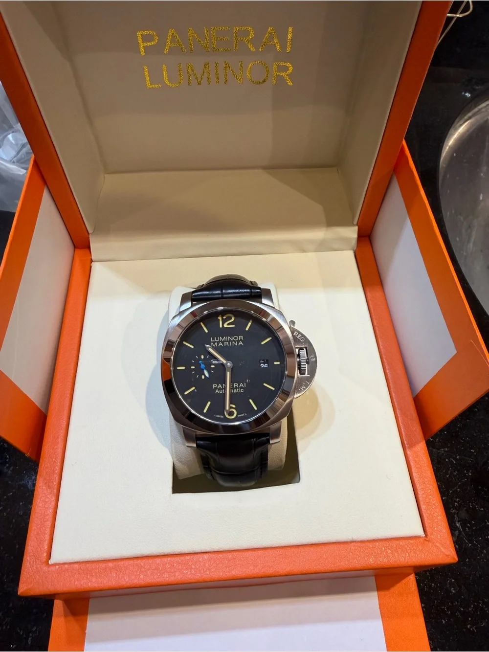 Panerai Luminor Marina Black Dial Black Leather Strap Watch